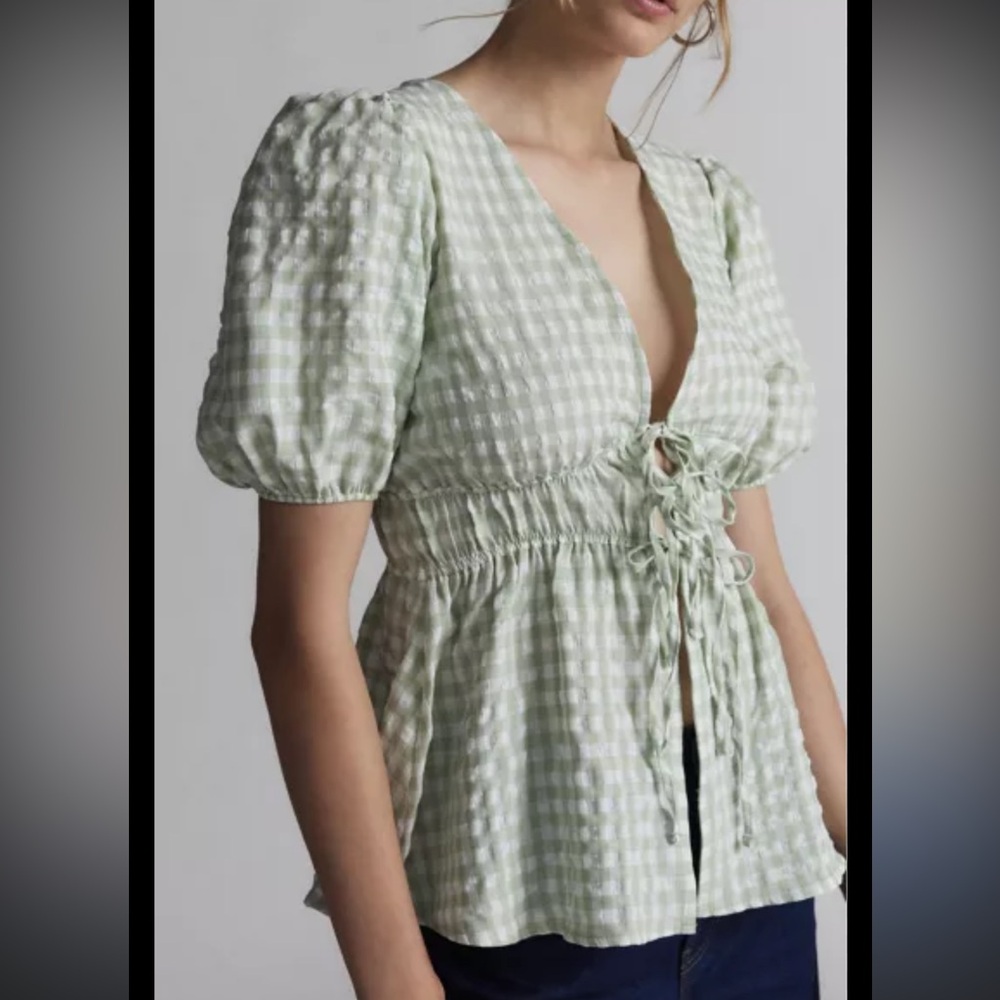 NWOT Kimchi Blue Green Gingham Puff Sleeve Top